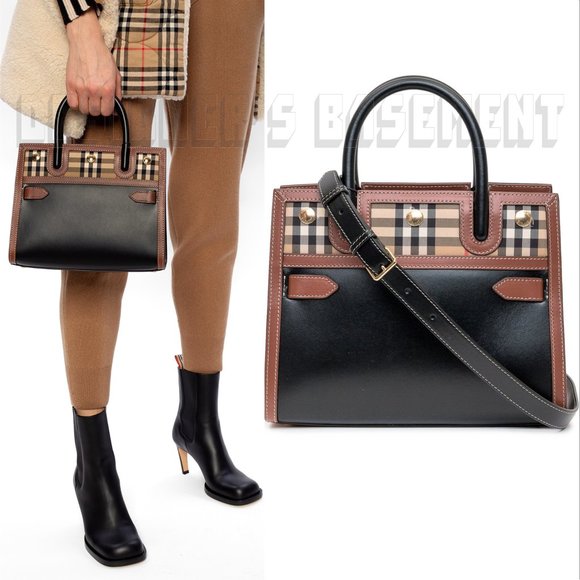 BURBERRY black Leather & Vintage Check Baby TITLE Mini Tote convertible bag NWT - Picture 4 of 11